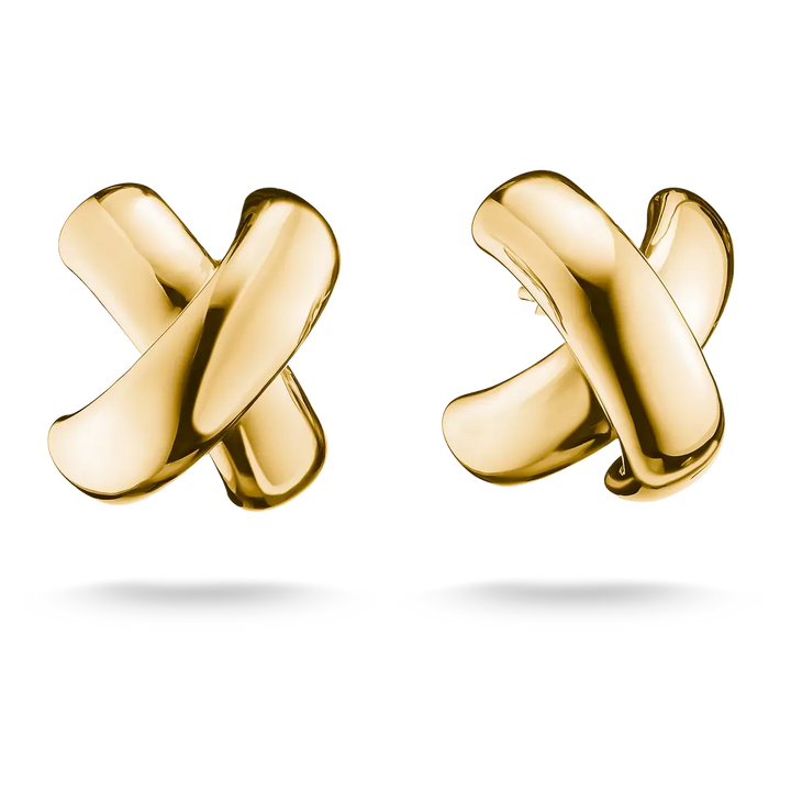 A pair of gold stud earrings with a polished, abstract twisted 'X' design, shown on a clean white background with soft drop shadows.
