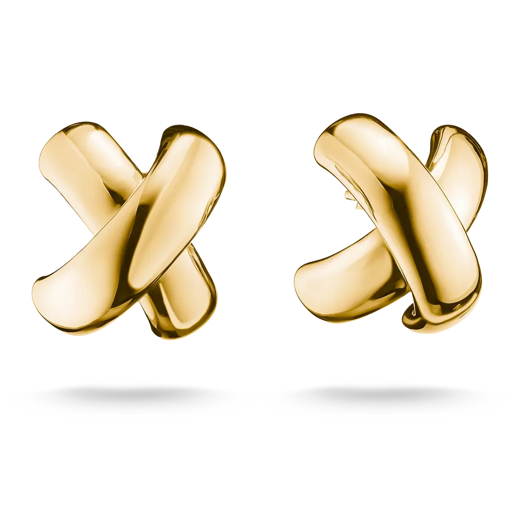A pair of gold stud earrings with a polished, abstract twisted 'X' design, shown on a clean white background with soft drop shadows.