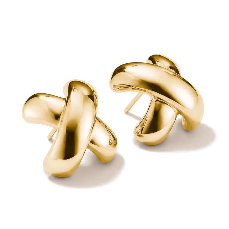 A pair of polished gold abstract knot stud earrings on a clean white background.