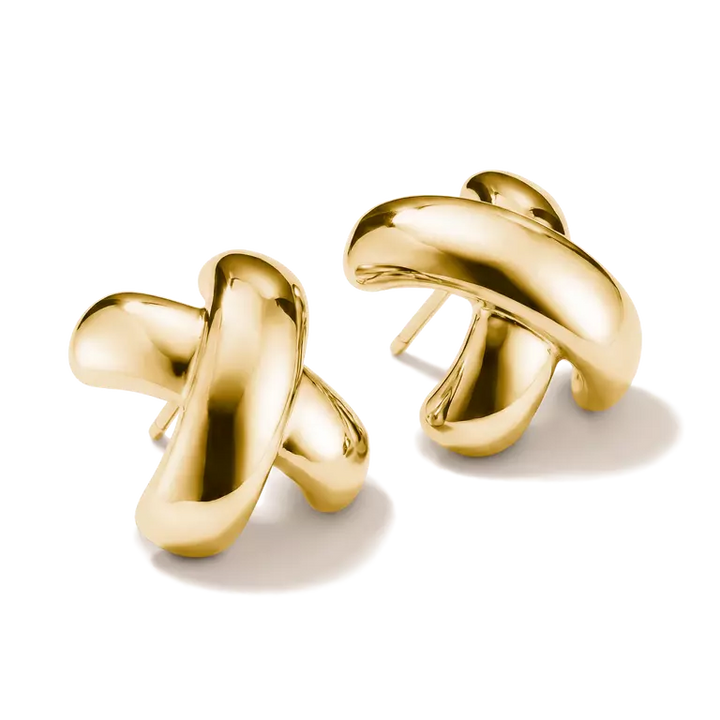 A pair of polished gold abstract knot stud earrings on a clean white background.