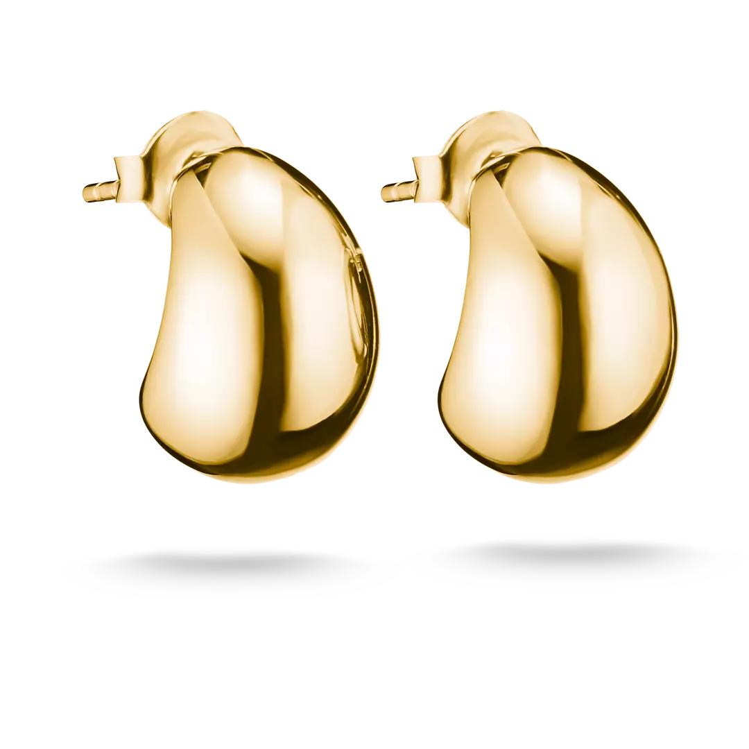 A pair of polished yellow gold hoop earrings with a smooth, rounded, bean-like organic shape, shown on a clean white background with a soft shadow underneath.