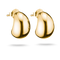 A pair of polished yellow gold hoop earrings with a smooth, rounded, bean-like organic shape, shown on a clean white background with a soft shadow underneath.