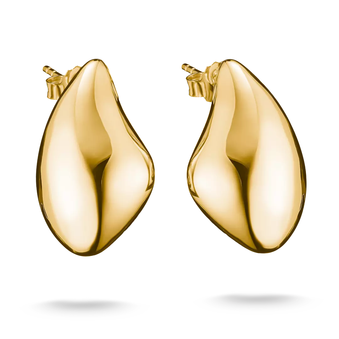 A pair of polished yellow gold hoop earrings with a teardrop shape, displayed on a clean white background with soft shadows below.