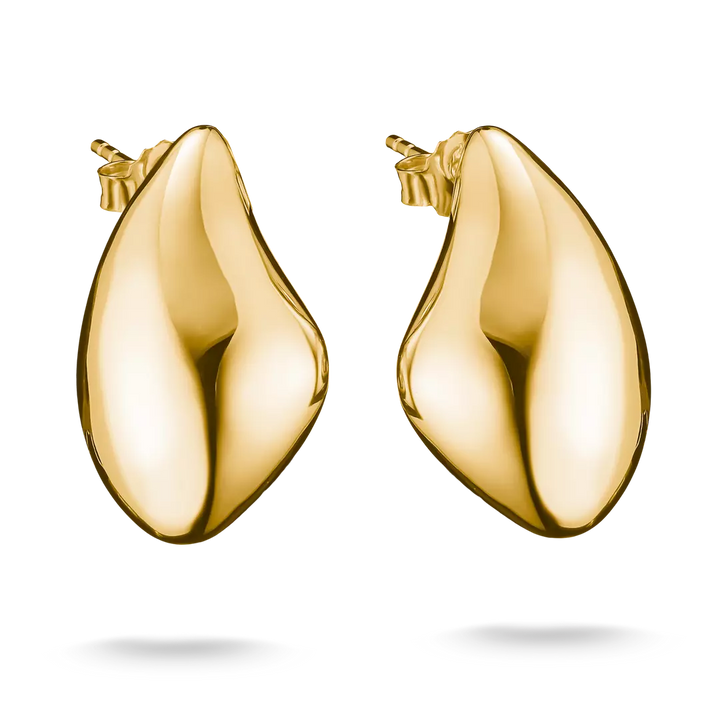 A pair of polished yellow gold hoop earrings with a teardrop shape, displayed on a clean white background with soft shadows below.