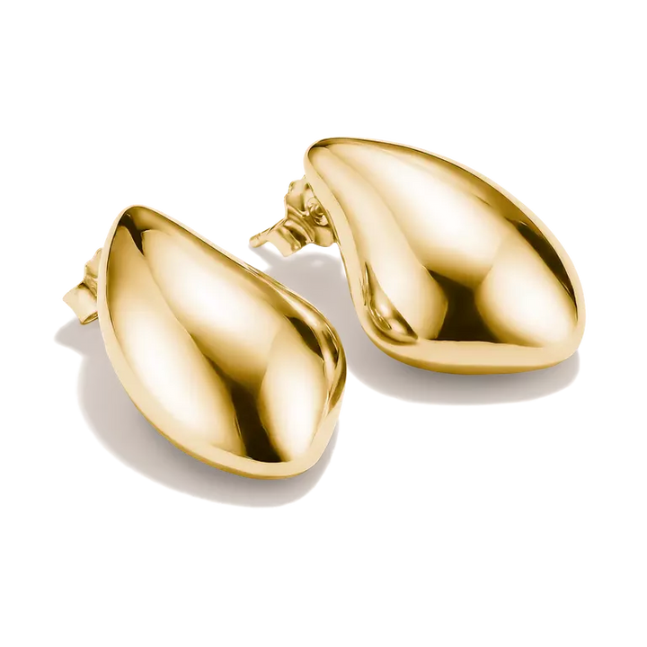 A pair of polished gold teardrop-shaped stud earrings on a clean white background.