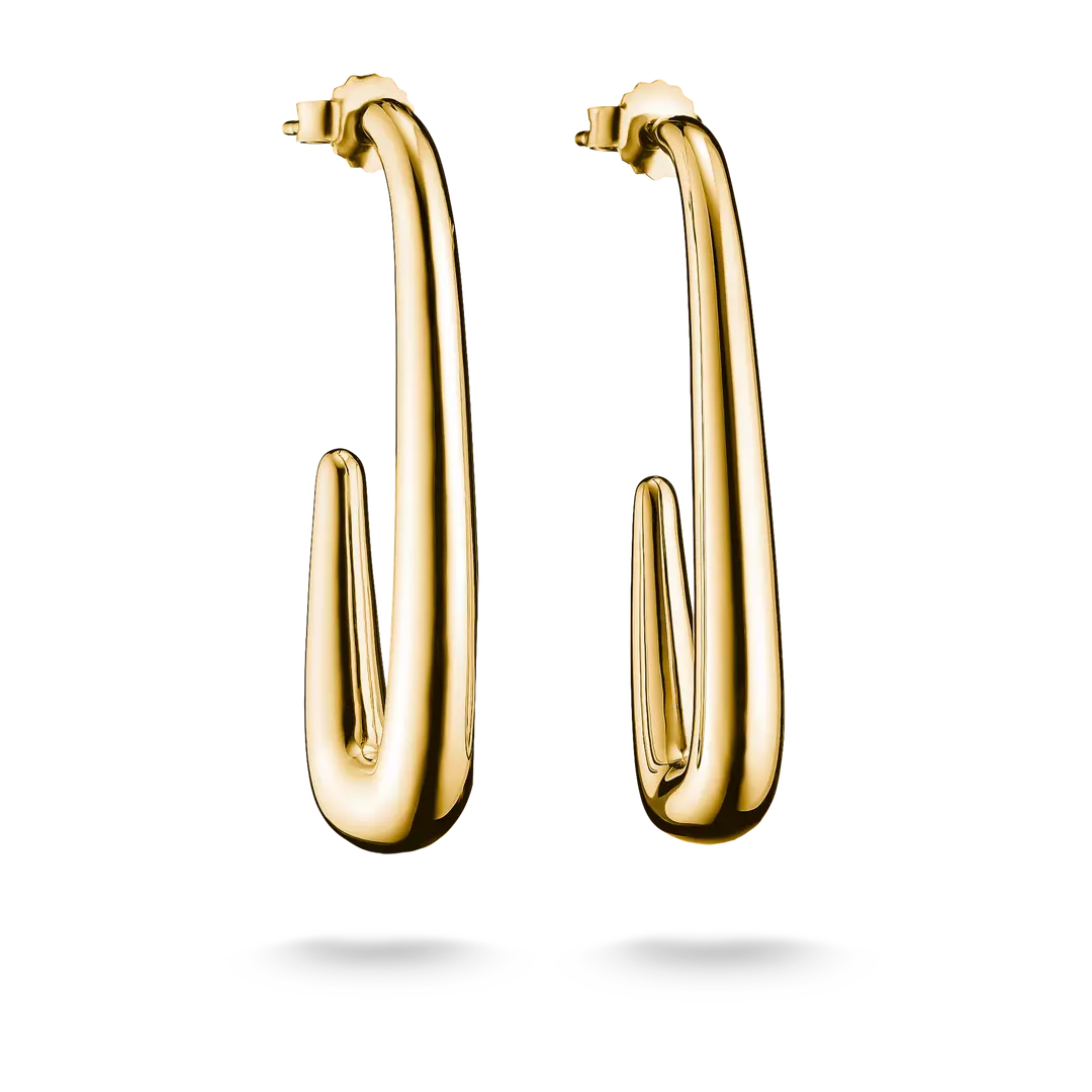A pair of polished yellow gold hoop earrings with a unique curved, open design, shown on a clean white background with soft shadows below.