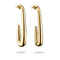 A pair of polished yellow gold hoop earrings with a unique curved, open design, shown on a clean white background with soft shadows below.