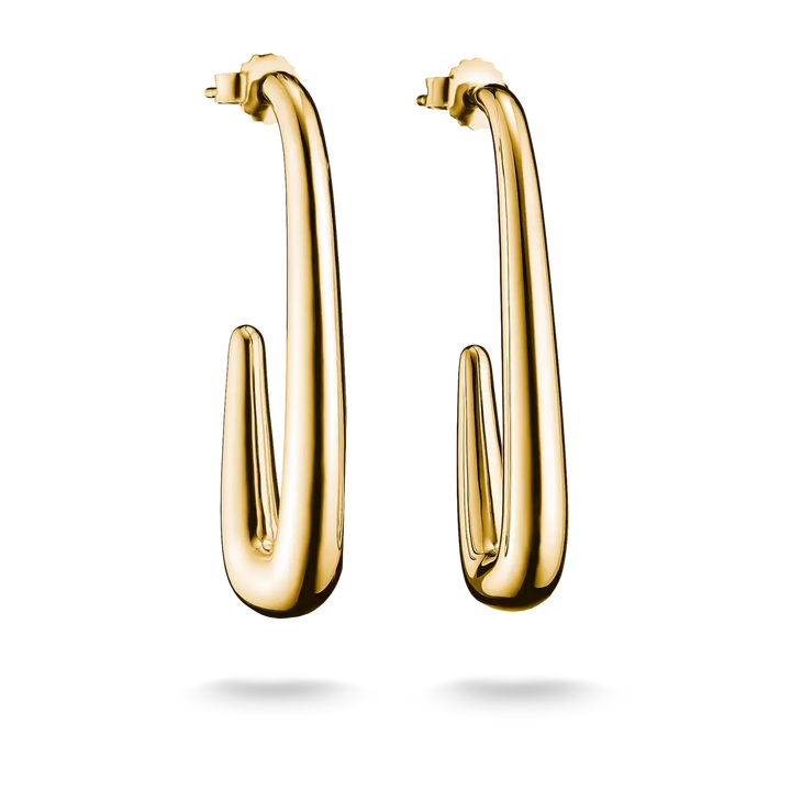 A pair of polished yellow gold hoop earrings with a unique curved, open design, shown on a clean white background with soft shadows below.