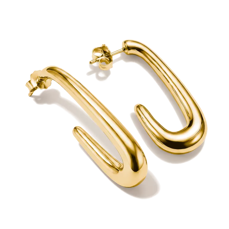 A pair of gold-toned geometric hoop earrings with a thick, rounded, open H-shape design, shown on a clean white background.