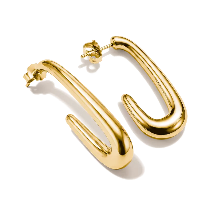 A pair of gold-toned geometric hoop earrings with a thick, rounded, open H-shape design, shown on a clean white background.