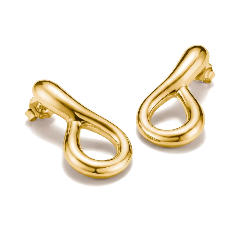 A pair of polished yellow gold earrings with a unique open teardrop or infinity-like loop design, displayed on a clean white background.