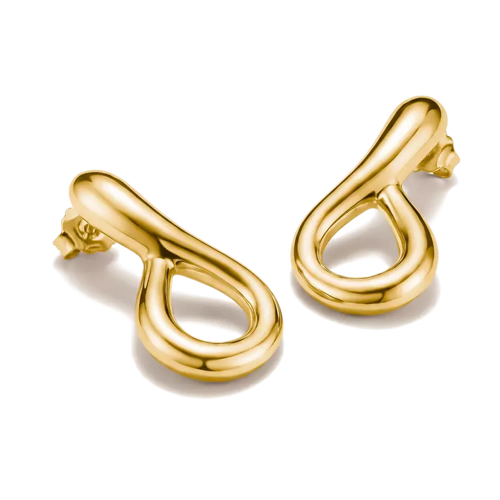 A pair of polished yellow gold earrings with a unique open teardrop or infinity-like loop design, displayed on a clean white background.