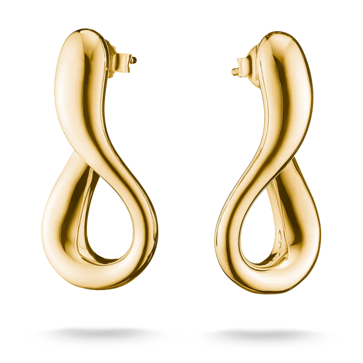 A pair of polished gold infinity-shaped hoop earrings on a clean white background.