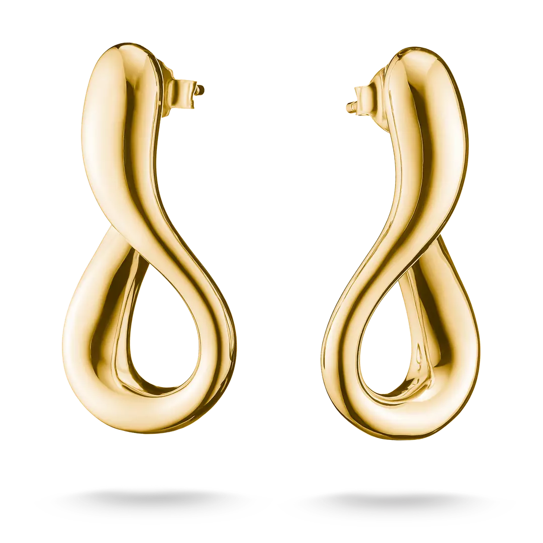 A pair of polished gold infinity-shaped hoop earrings on a clean white background.