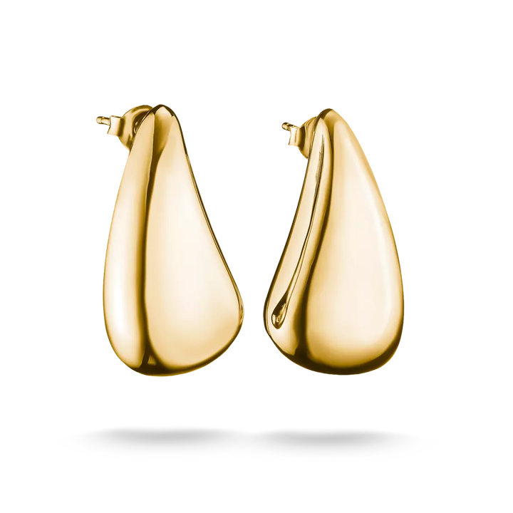 A pair of polished gold teardrop-shaped hoop earrings with a smooth, reflective finish, shown against a plain white background.