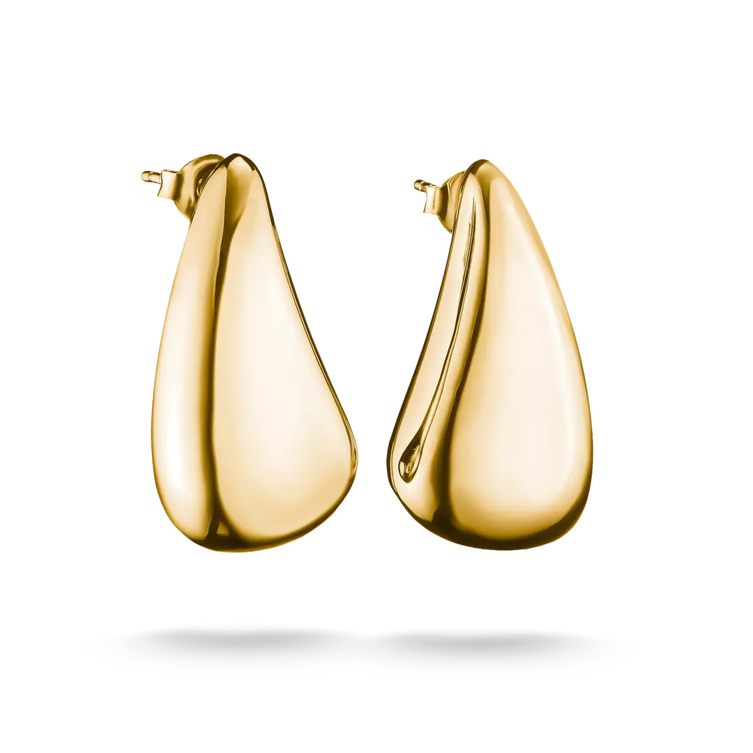 A pair of polished gold teardrop-shaped hoop earrings with a smooth, reflective finish, shown against a plain white background.