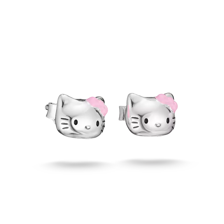 A pair of silver stud earrings shaped like Hello Kitty's head, featuring a small pink bow on each earring, shown against a plain white background.