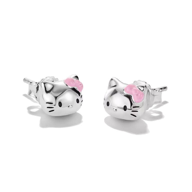 A pair of sterling silver stud earrings shaped like Hello Kitty's faces, featuring a small pink bow on each earring, set against a clean white background.