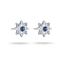 A pair of silver star-shaped stud earrings, each featuring a central round blue sapphire surrounded by six small light blue round stones, set against a plain white background.