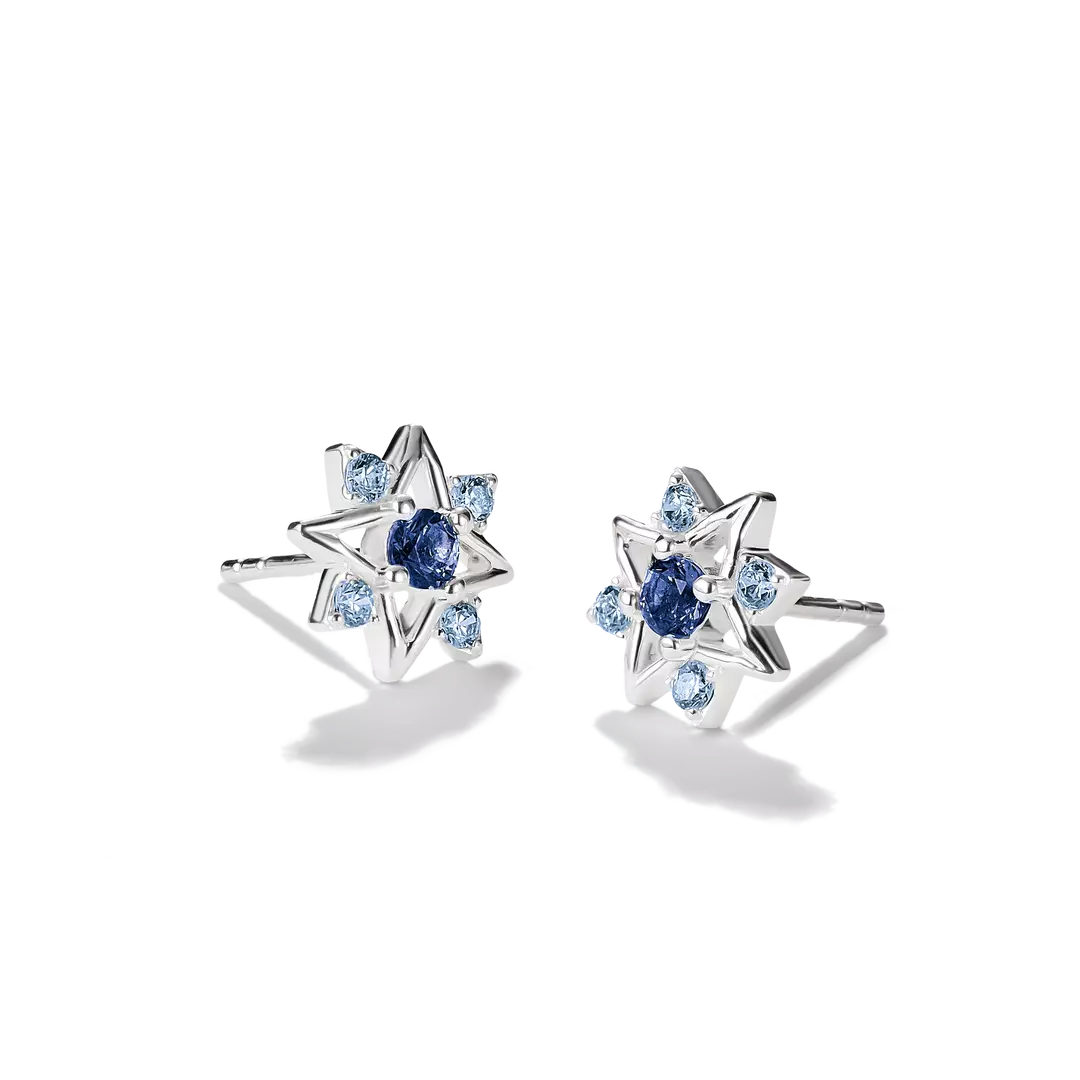 A pair of silver star-shaped stud earrings, each featuring a central round blue gemstone surrounded by smaller light blue and clear accent stones, set against a clean white background.