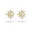 A pair of gold starburst stud earrings with clear round-cut gemstones, shown on a clean white background with soft shadows.