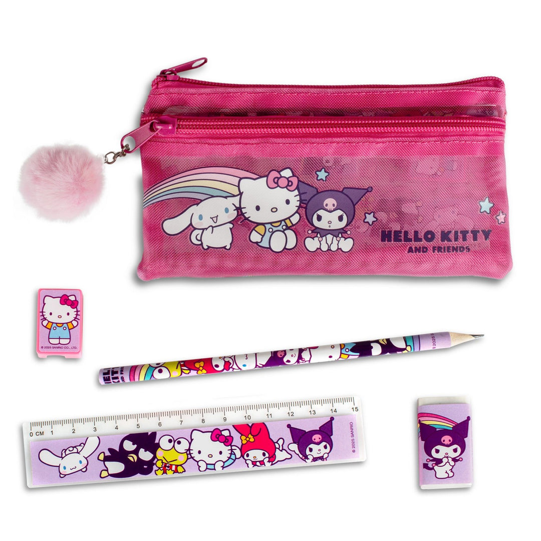 Pink pencil case with Hello Kitty and friends design, including a pencil, ruler, and eraser.