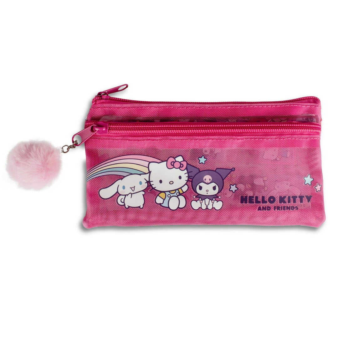 Pink pencil case with Hello Kitty and friends design on a white background