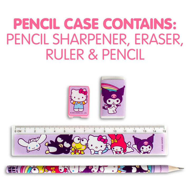 Pencil case with cartoon characters, ruler, pencil sharpener, and eraser on a white background.