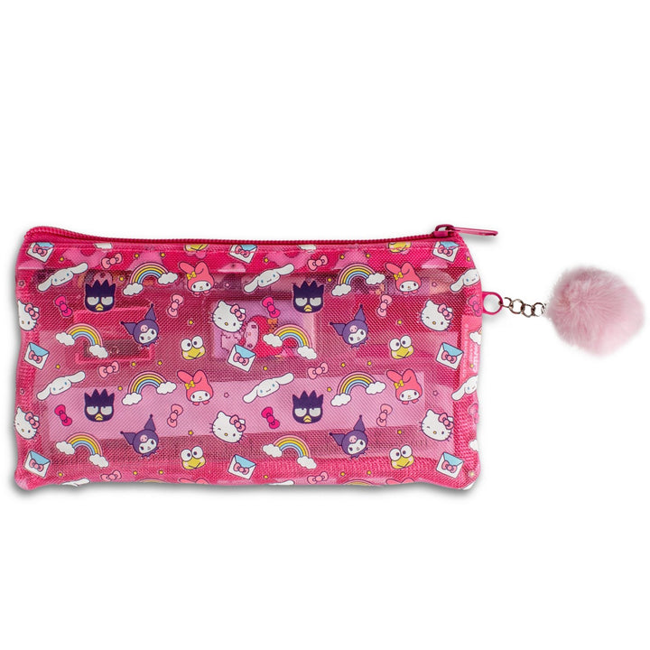 Pink pouch with cartoon character design on a white background