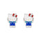 Hello Kitty earrings with blue dress and red bow on a white background