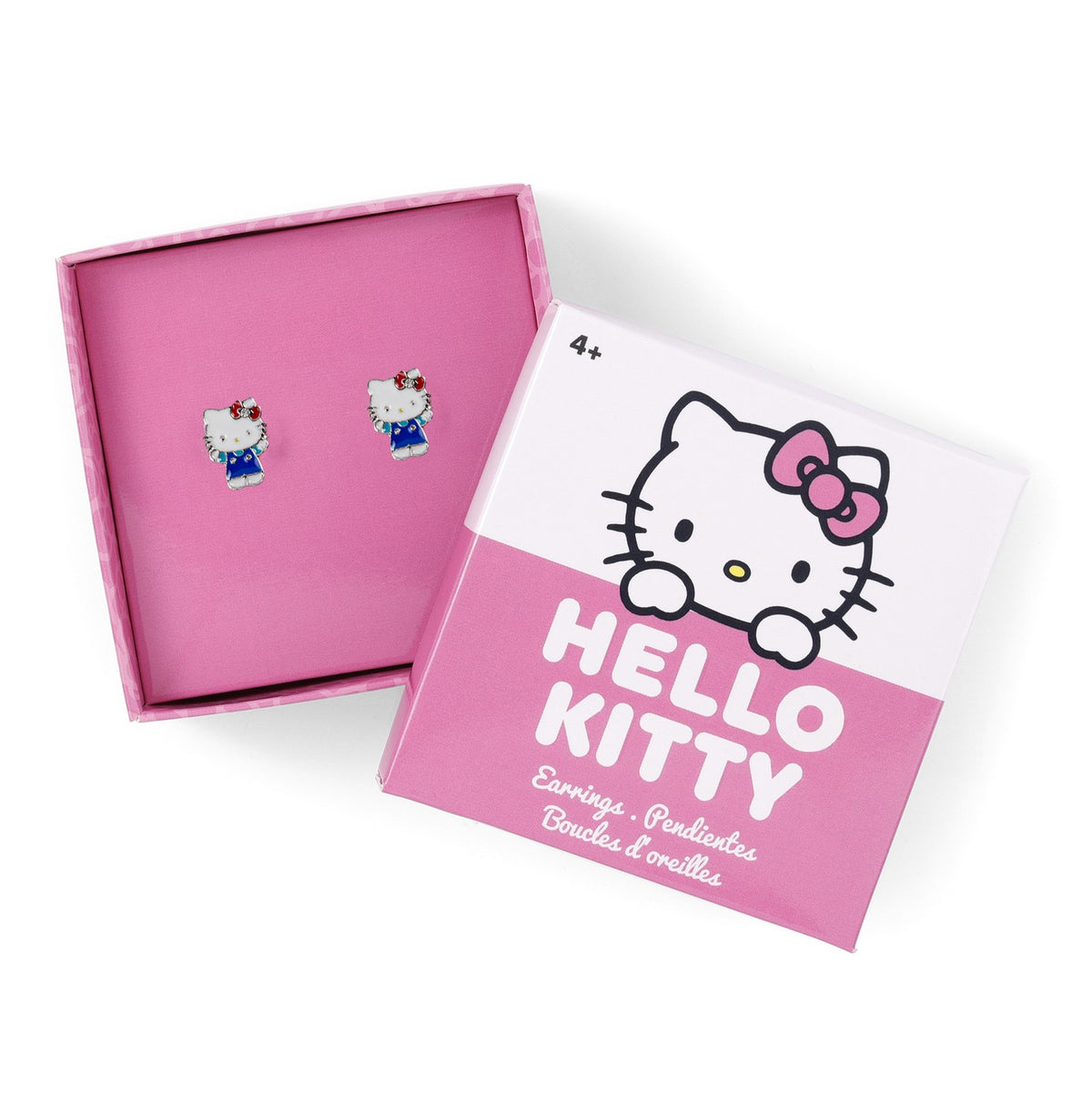 Hello Kitty earrings in a pink box with a Hello Kitty character illustration on a white background