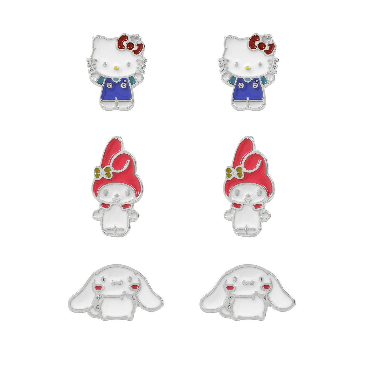 Set of cartoon character earrings on a white background