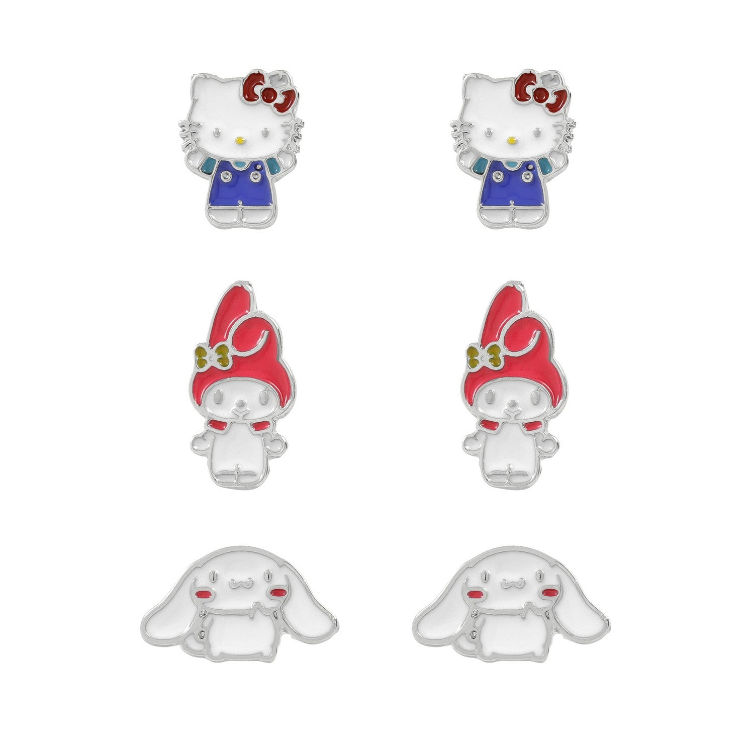 Set of cartoon character earrings on a white background