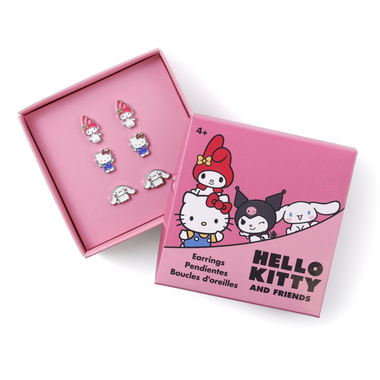 Pink box with Hello Kitty and Friends earrings on a white background