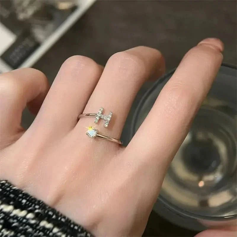 Diamond Initial Letter Silver Ring