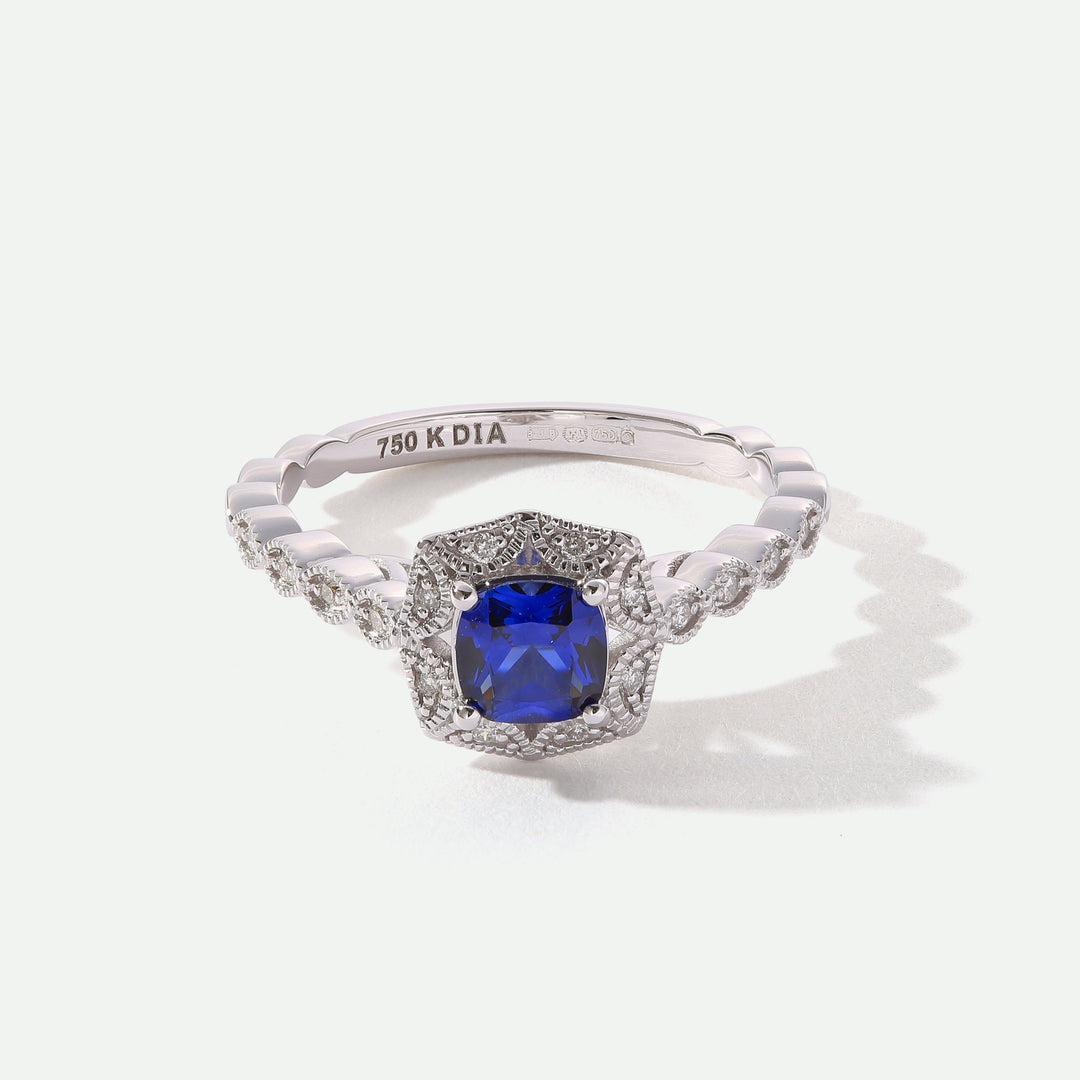 Vera | 18ct White Gold 0.12ct tw Lab Grown Diamond and Created Sapphire Vintage Ring