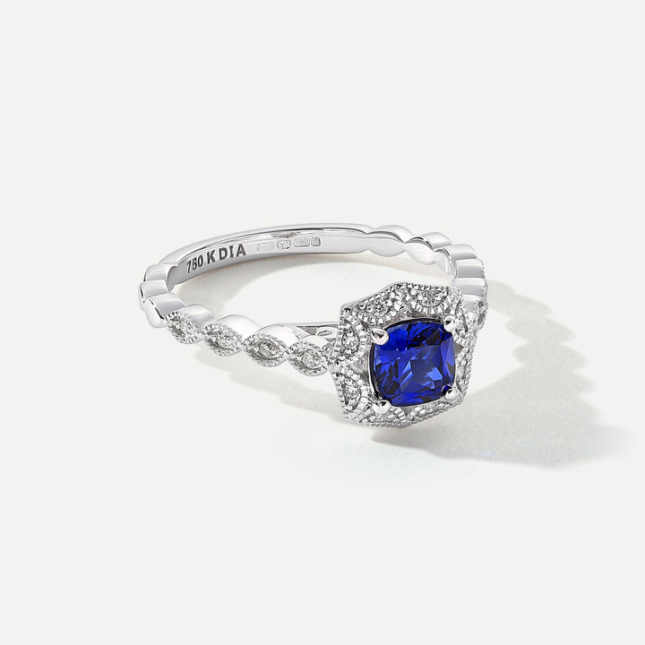 Vera | 18ct White Gold 0.12ct tw Lab Grown Diamond and Created Sapphire Vintage Ring