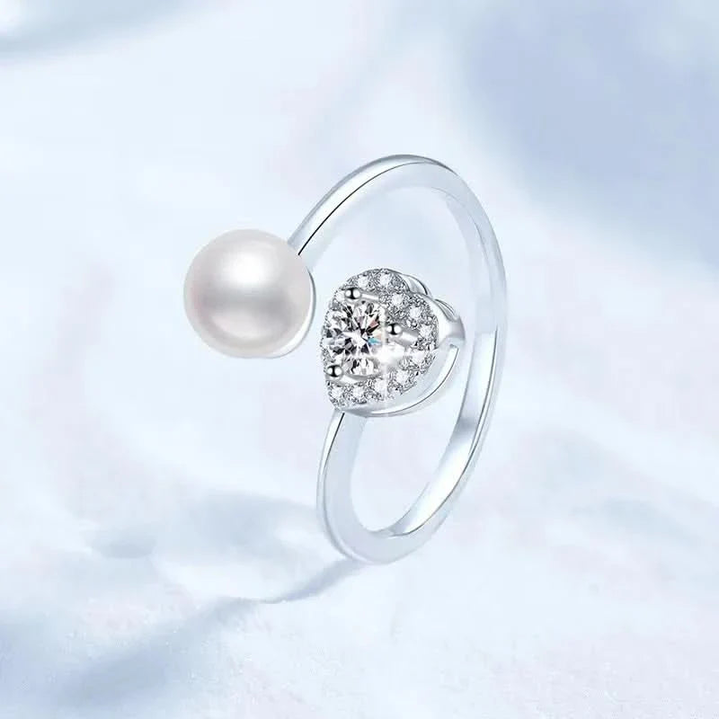 Heart Diamond Pearl Adjustable Ring