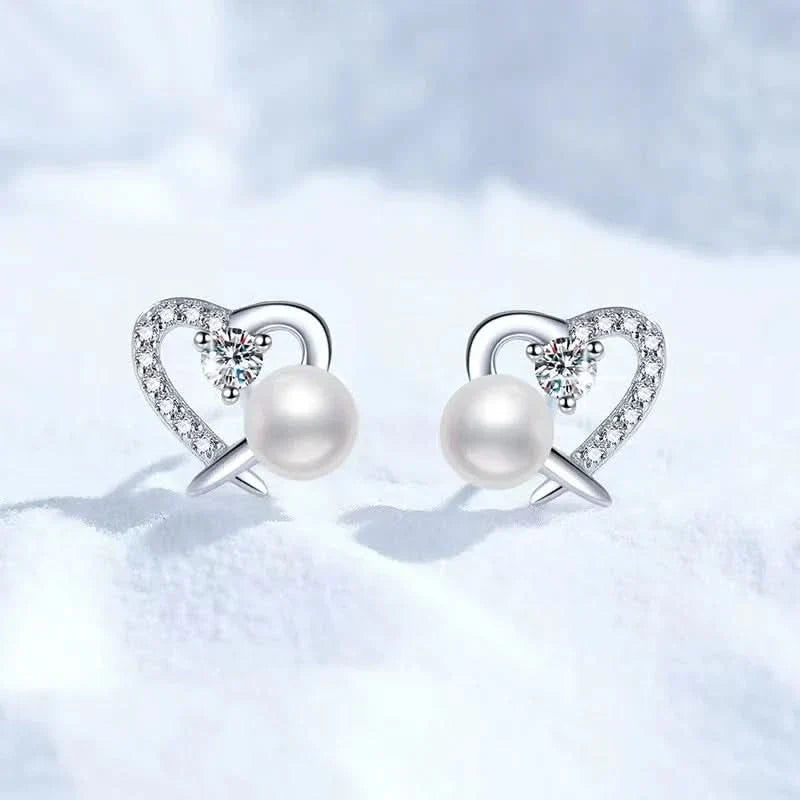 Heart Diamond Pearl Stud Earrings