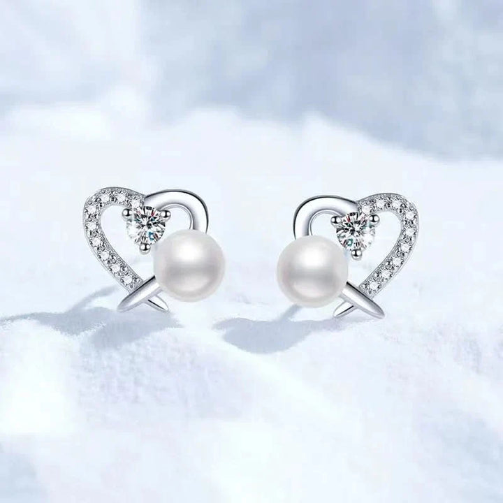 Heart Diamond Pearl Stud Earrings