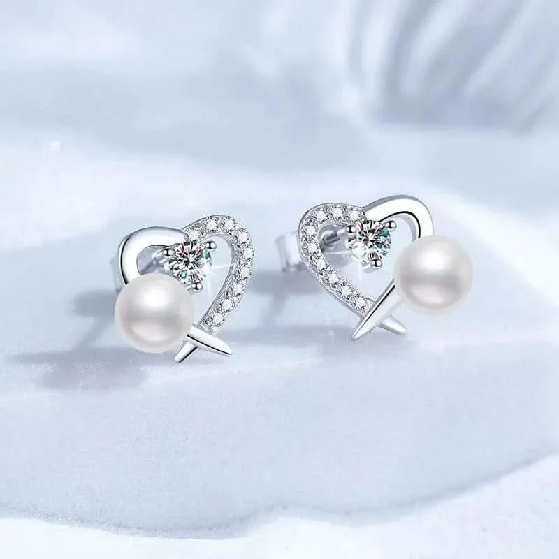 Heart Diamond Pearl Stud Earrings