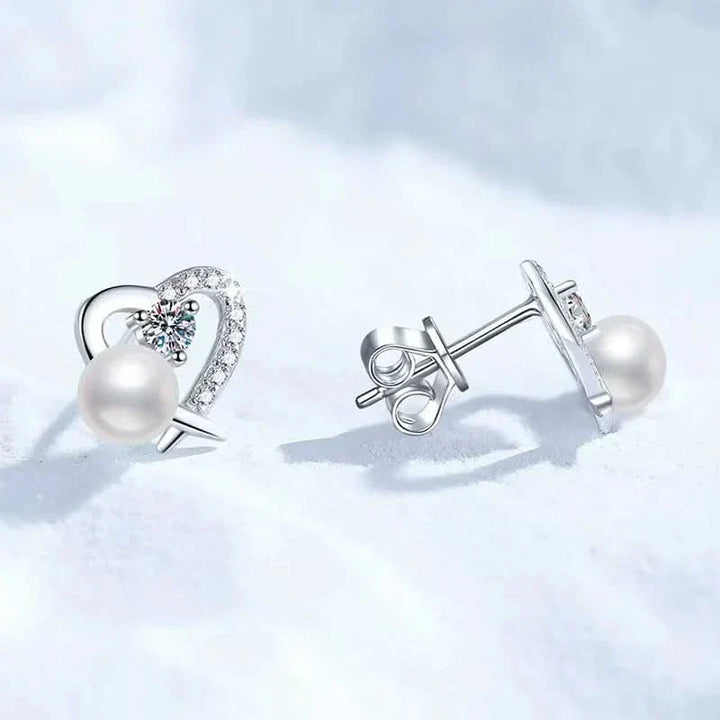 Heart Diamond Pearl Stud Earrings