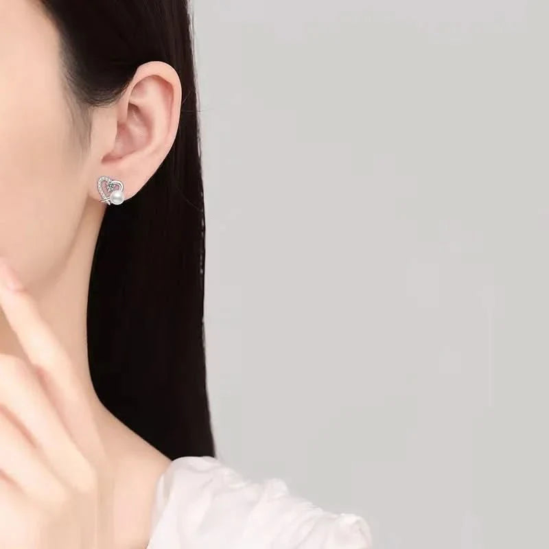 Heart Diamond Pearl Stud Earrings