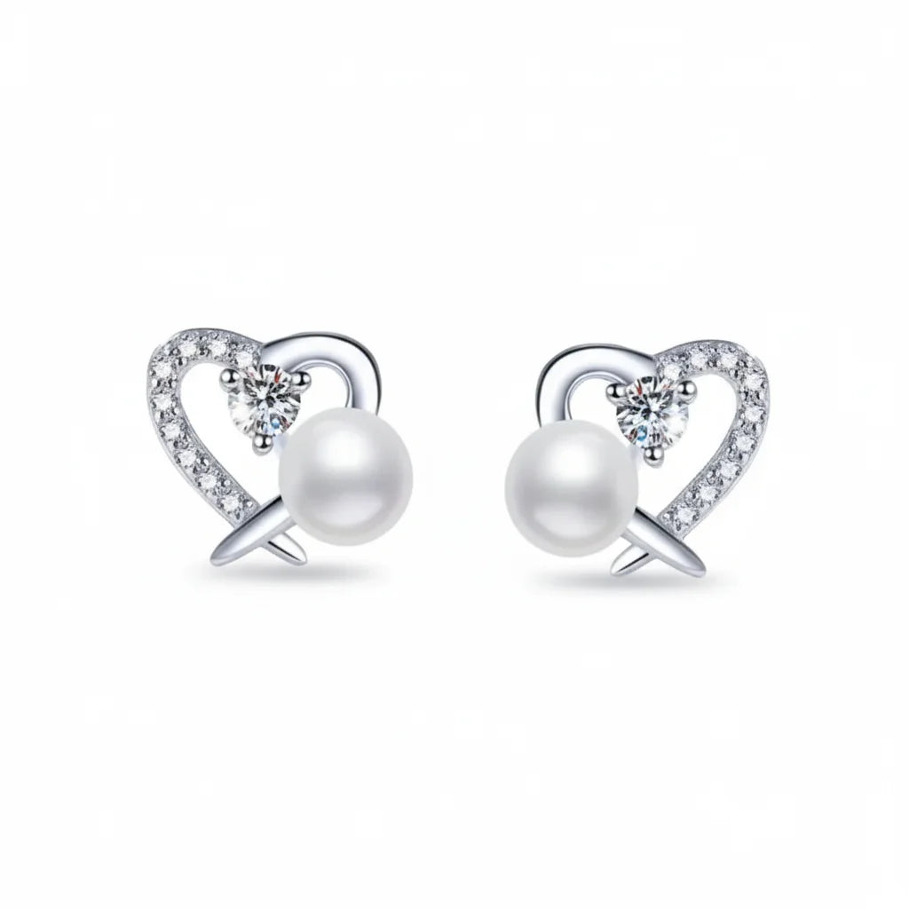 Heart Diamond Pearl Stud Earrings