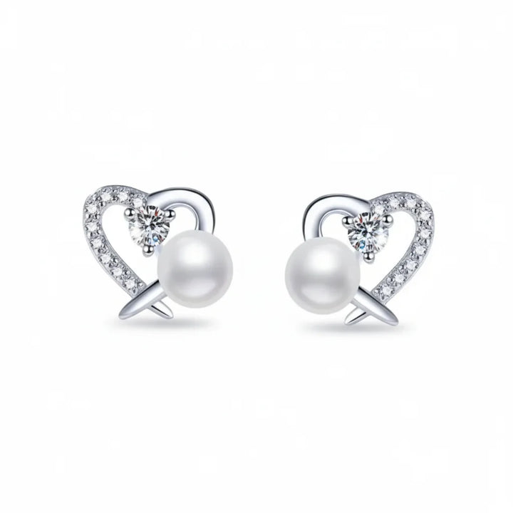 Heart Diamond Pearl Stud Earrings