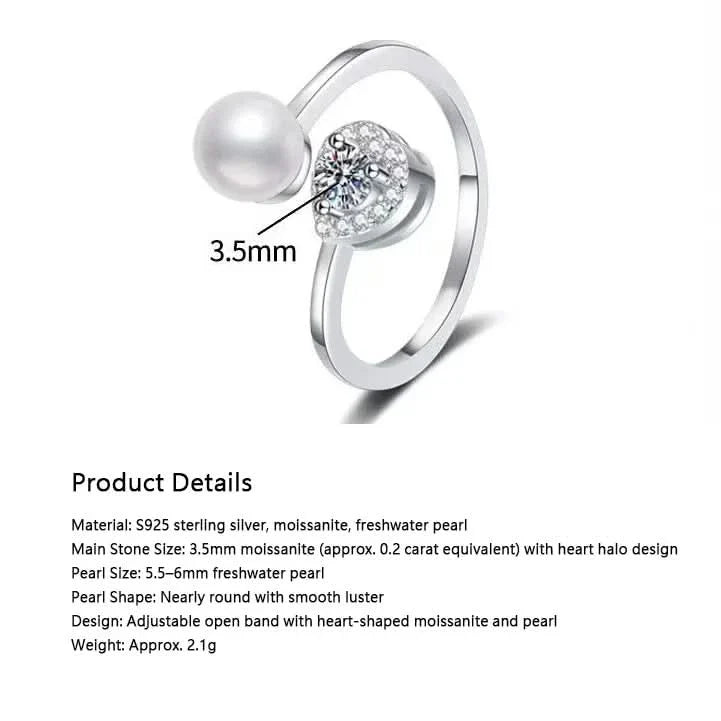 Heart Diamond Pearl Adjustable Ring