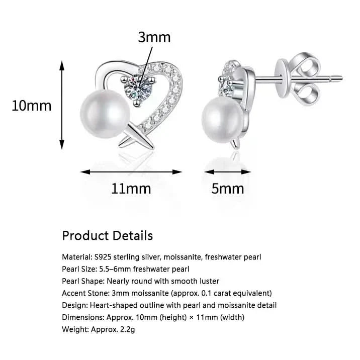 Heart Diamond Pearl Stud Earrings