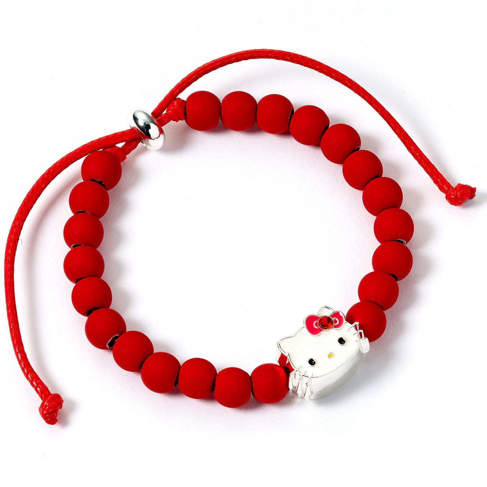 Red beaded bracelet with a Hello Kitty charm on a white background