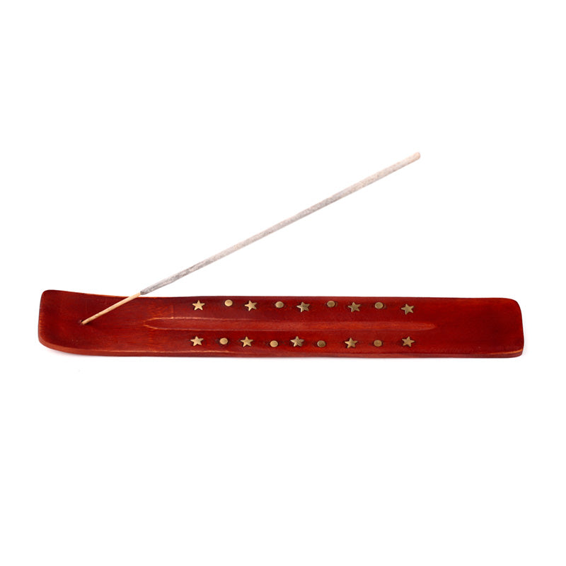 Mango Wood Ashcatcher Incense Stick Burner with Brass Stars Inlay IF106M