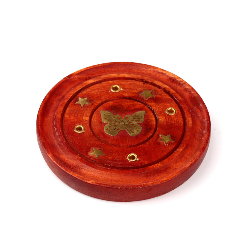 Mango Wood Round Ashcatcher Incence Burner with Butterfly Inlay IF165M